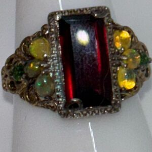 Art Deco vintage 925 silver ring 5.59g tsavorite garnet & opal Sz 9 signet